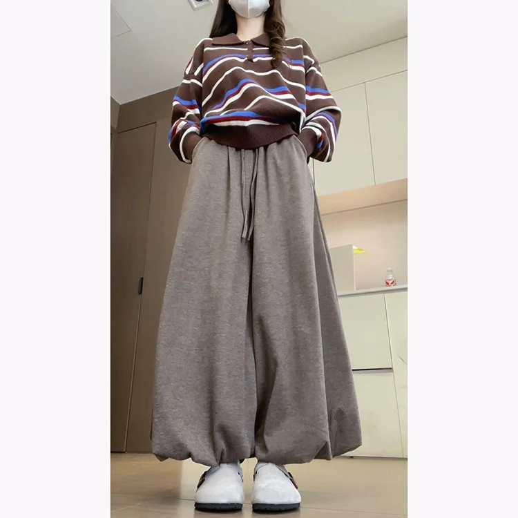 Корейская свободная трикотажная коричневая юбка с рисовым тортом, брюки, женские осенне-зимние брюки с высокой талией, девять очков, пушистая юбка с бутоном цветка