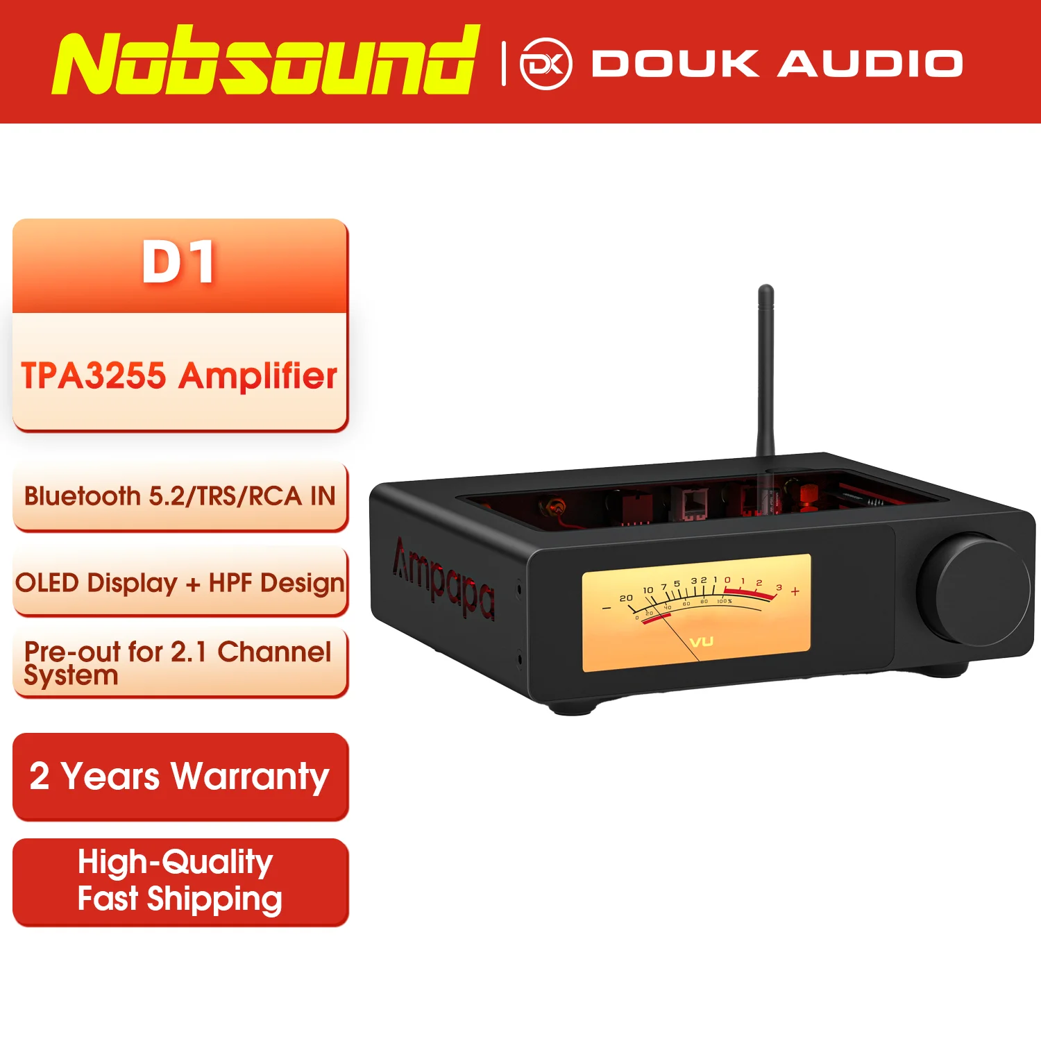 D1 Bluetooth 5.2 ステレオアンプ、デジタルVUメーターとハイパス 