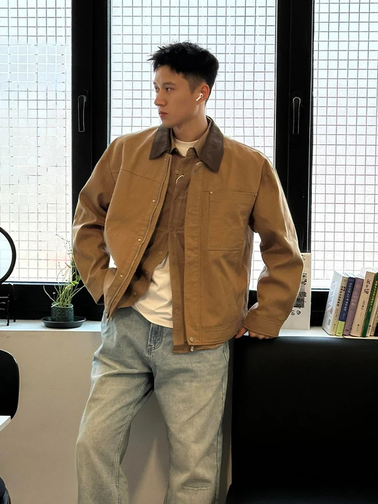 

Retro American Contrast Color Workwear ort Jaet ex Casual Versatile Couple Outerwear Polyester Fiber Long Sve Zipp...