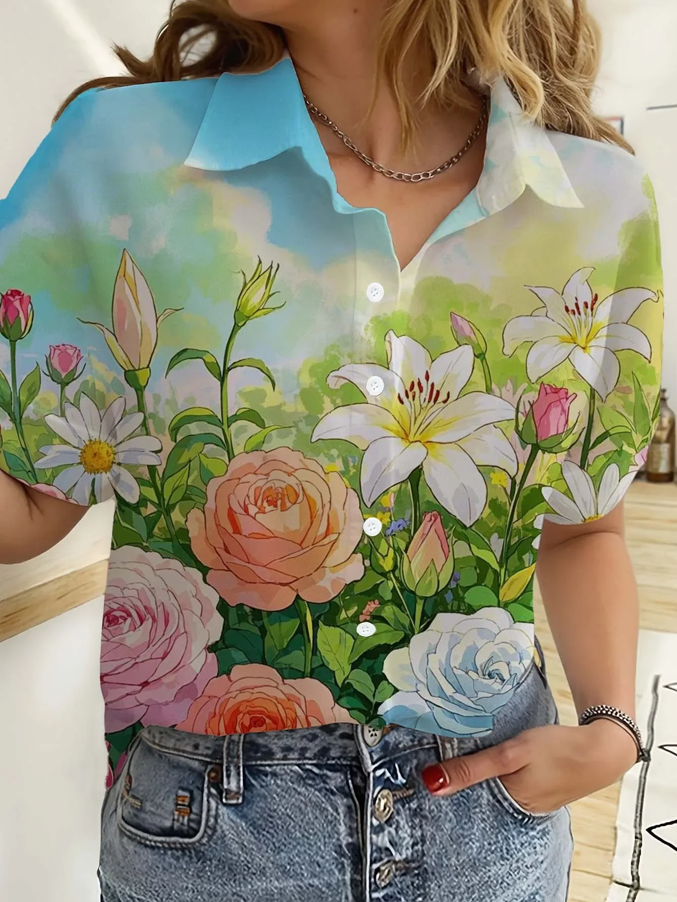 

Womens Shirts Short Sleeve Elegant Flower Floral 3D Printed Casual Beach Shirt Summer New Sunflower Blouses Tops Women's Clothes