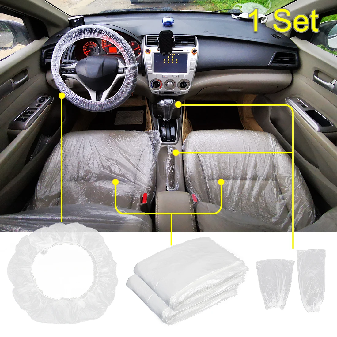 

Uxcell 5 in 1 Universal Plastic disposable Seat Cover Steering Wheel Cover Hand Brake Cover Shift Knob Cover Set for Car