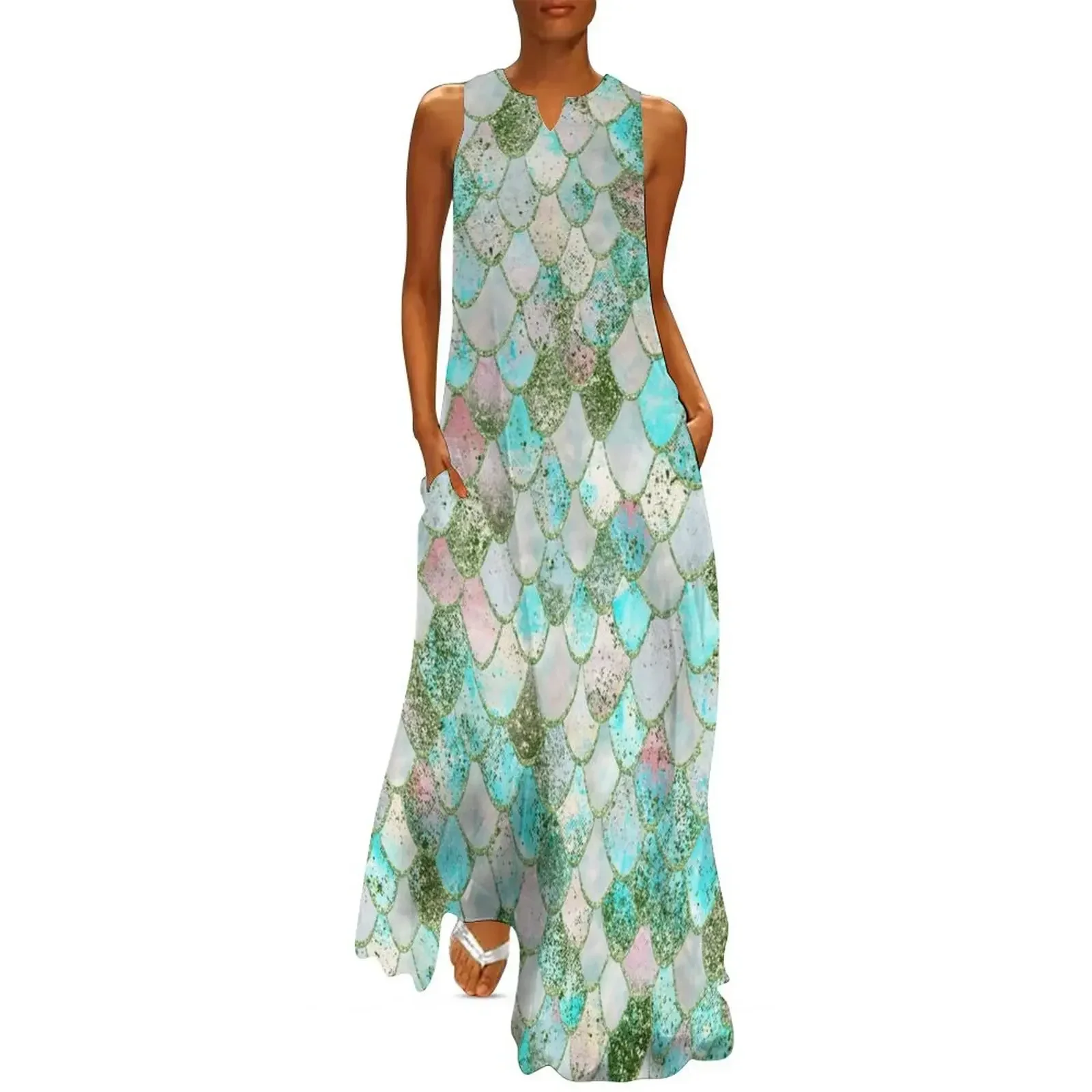 

Wonky Watercolor Seafoam Glitter Mermaid Scales Long Dress elegant dress Dress