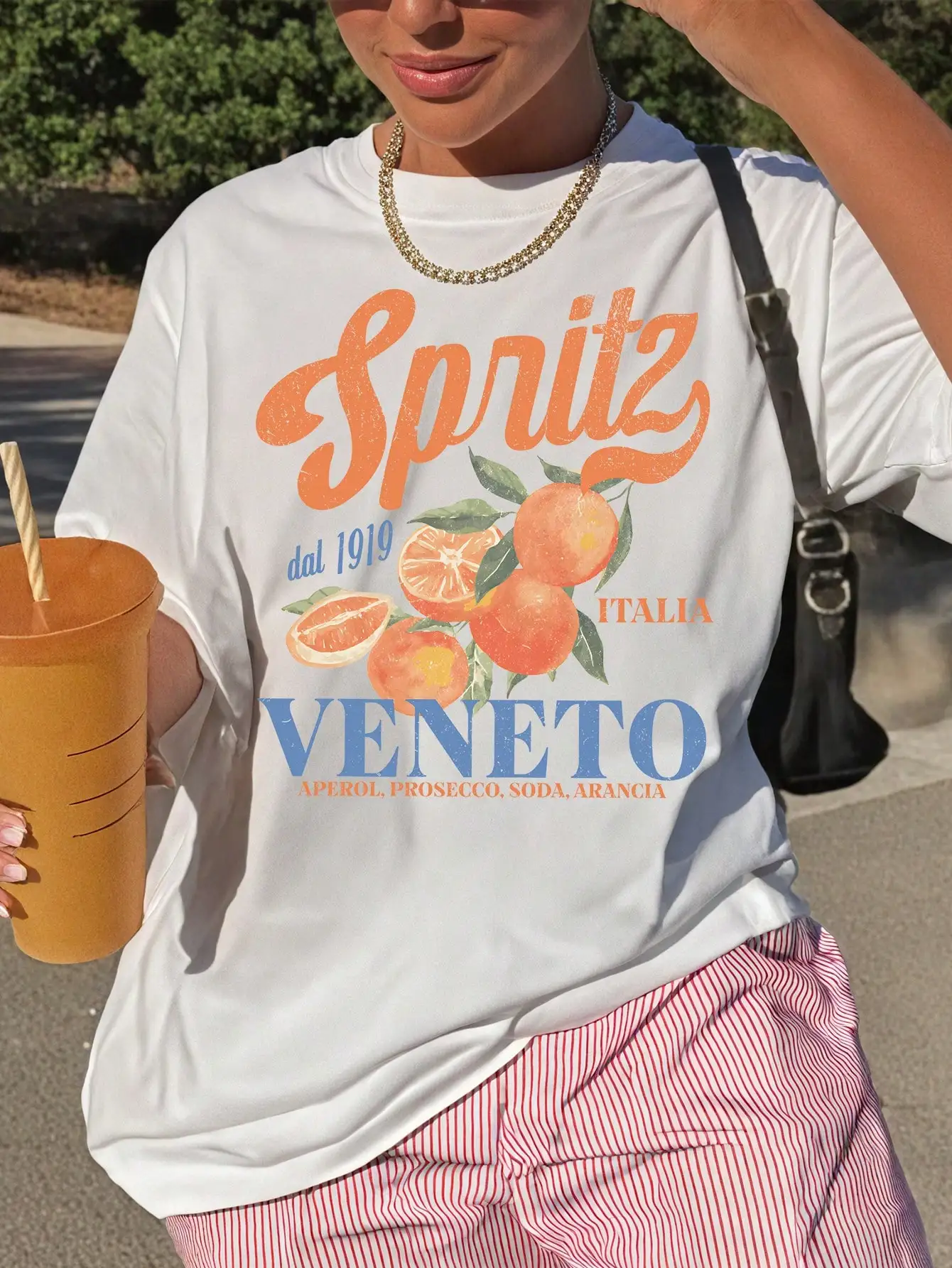Spritzy Veneto divertido diseño de frutas naranjas camiseta mujer deporte verano manga corta algodón Hip Hop Tops Casual ropa deportiva suelta