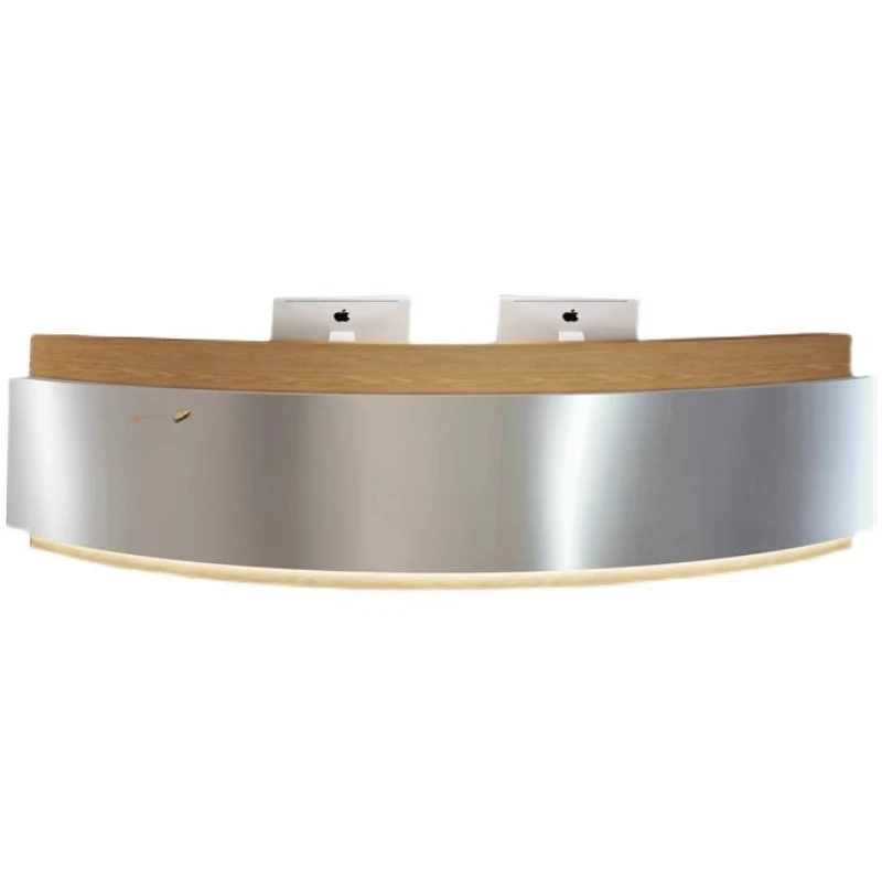Barber shop checkout page Beauty salon Stainless steel curved bar counter Welcome reception Company front desk