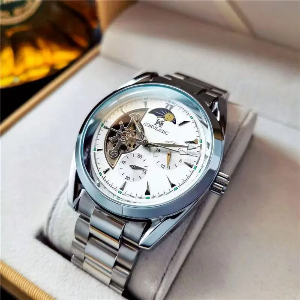New Men's Watch, Luminous, Waterproof, Multi-Functional Automatic Mechanical Watch with Sun, Moon, and Stars, Men's Watch, Stainless Steel, Luxurious, Simple, Elegant, Men's Business Mechanical Watch