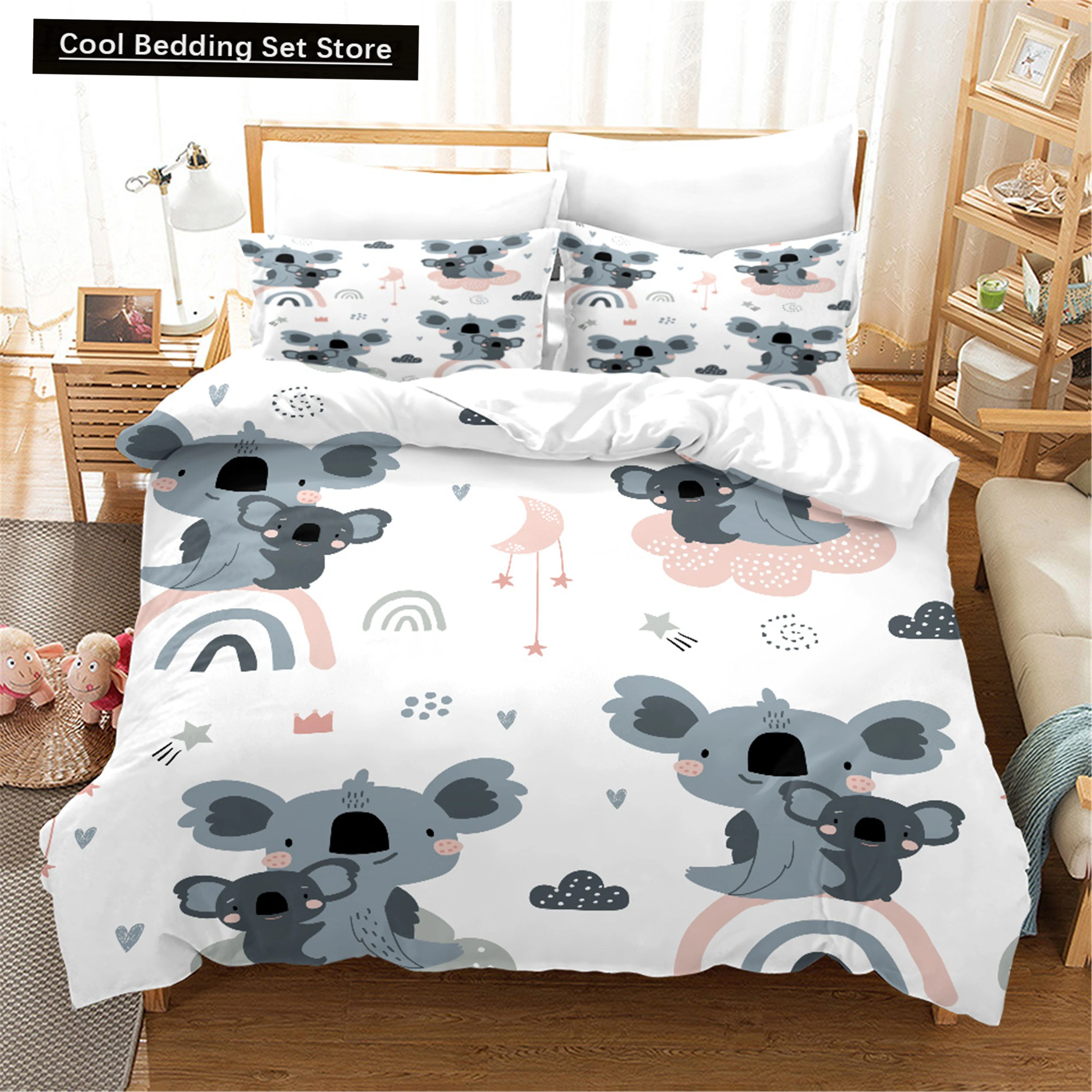 Cartoon Koala Duvet Cover King Queen Lovely Animal Bedding Set for Kids Teens Adults Wildlife Quilt Cover with Pillowcase 2/3PCS