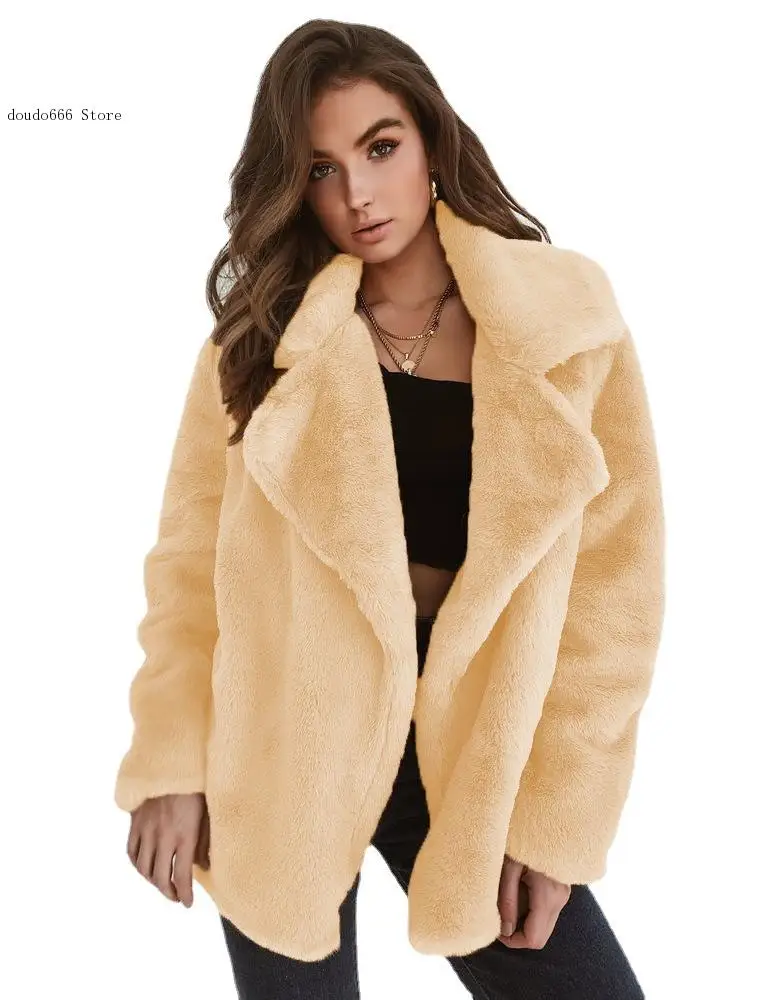 Women Fall/winter Sexy Plush Fake Fur Lapel Slim Casual Short Coat