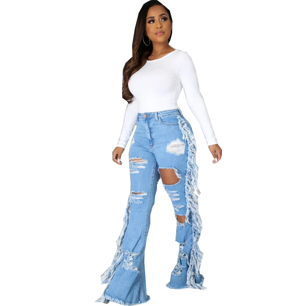 

Sexy and fashionable versatile fringed ripped elastic slim flared pants jeans women