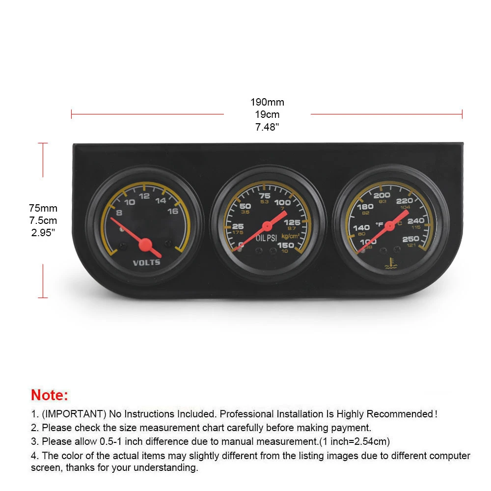 Racing Triple Gauge Kit 3 In 1 Water Temp C/F Oil Pressure PSI Voltmeter 12V Mechanical Gauge Set With Sensor 5