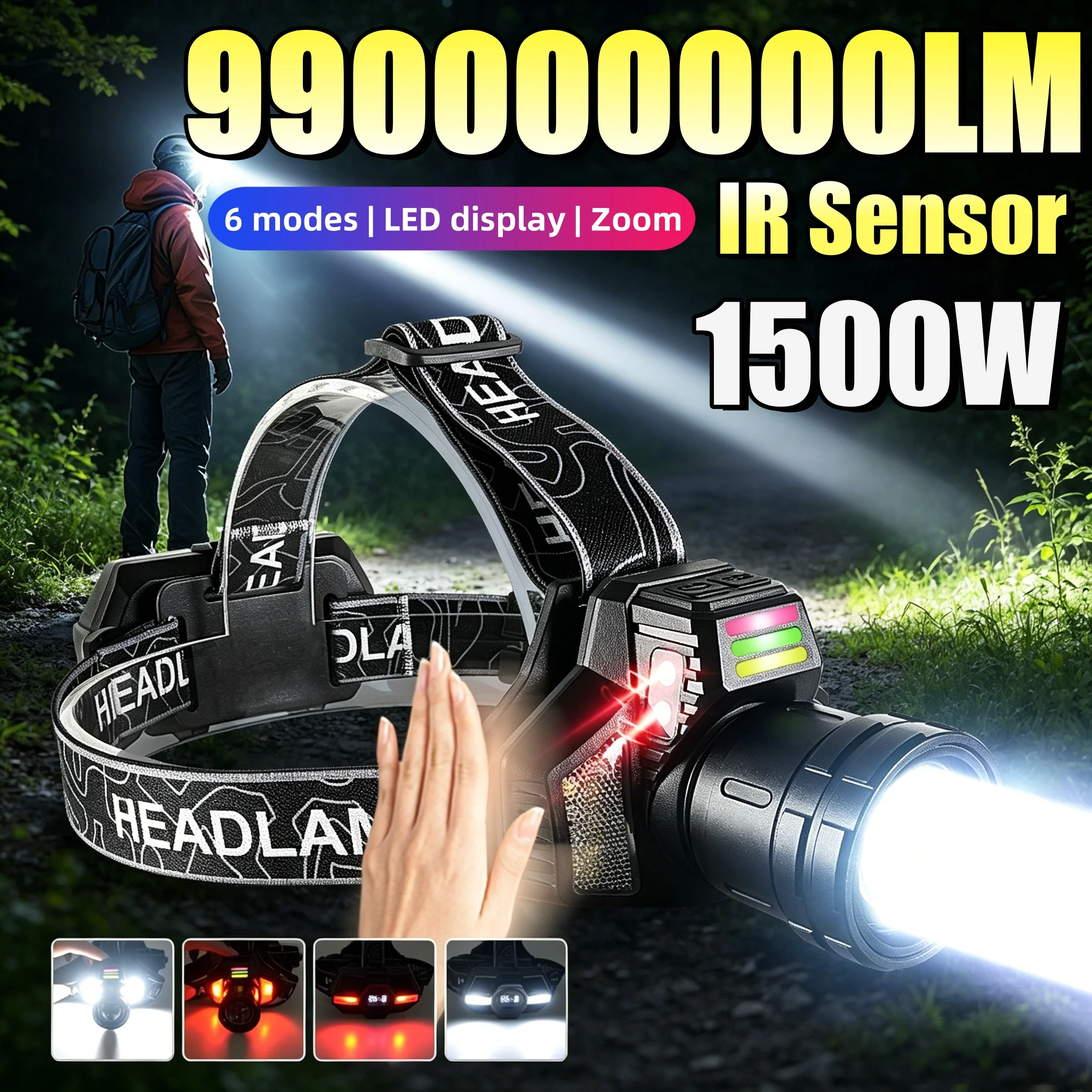 990000000LM Smart Induction Most Powerful Led Headlamp 1500W Rechargeable Head Torch Waterproof  for Fishing Camping Emergency