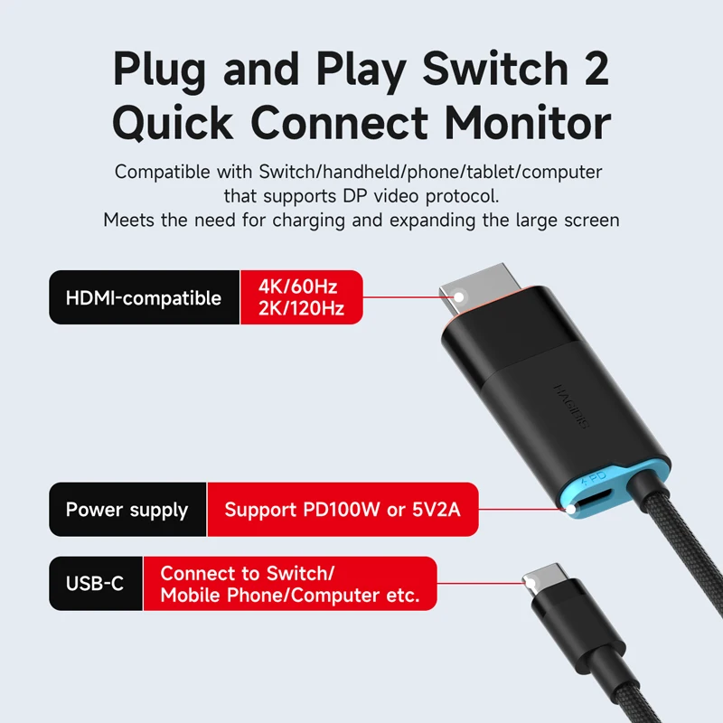 Hagibis Portable TV Dock 4K60Hz USB C to HDMI Docking Station Cable for Switch2 to Monitor 100W PD for Switch 2/OLED Laptop ROG