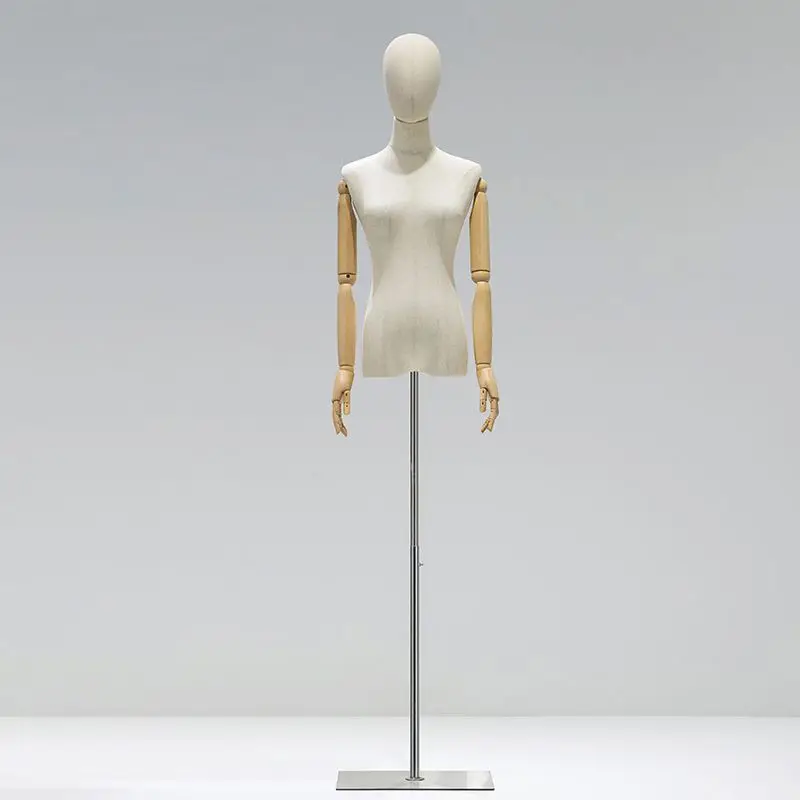 Stoffen hoes Vrouwelijke half-body mannequin Houten arm Metalen basis voor bruiloft Kleding Display Jurk Vorm Verstelbaar rek