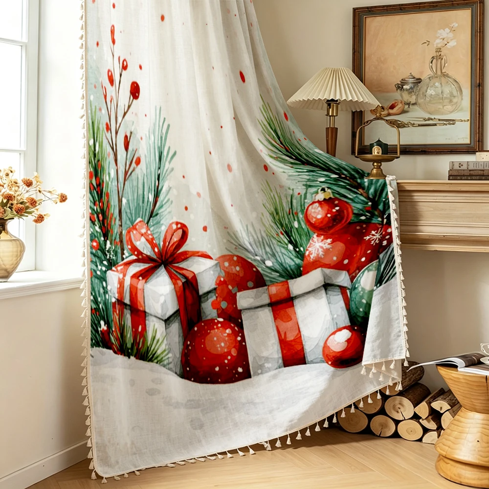 1PC Christmas Tassel Sheer Curtains, Gift Box Pine Branch Winter, Digital Print, Polyester, Bedroom Living Room Home Decor