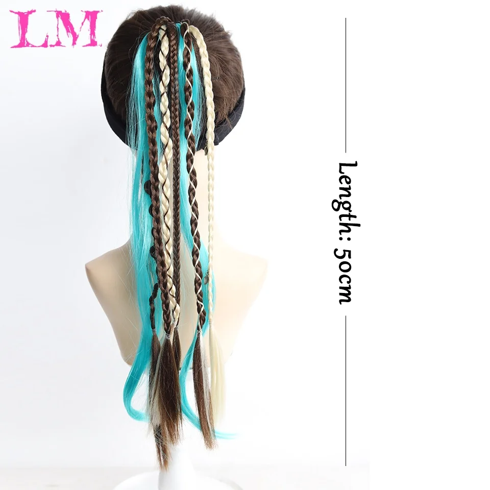 Mixed Brown Blonde Cyan Braided Ponytail Hair Extensions, Bohemian Colorful Twist Braid Hair Tie for Women Festival Rave Styling