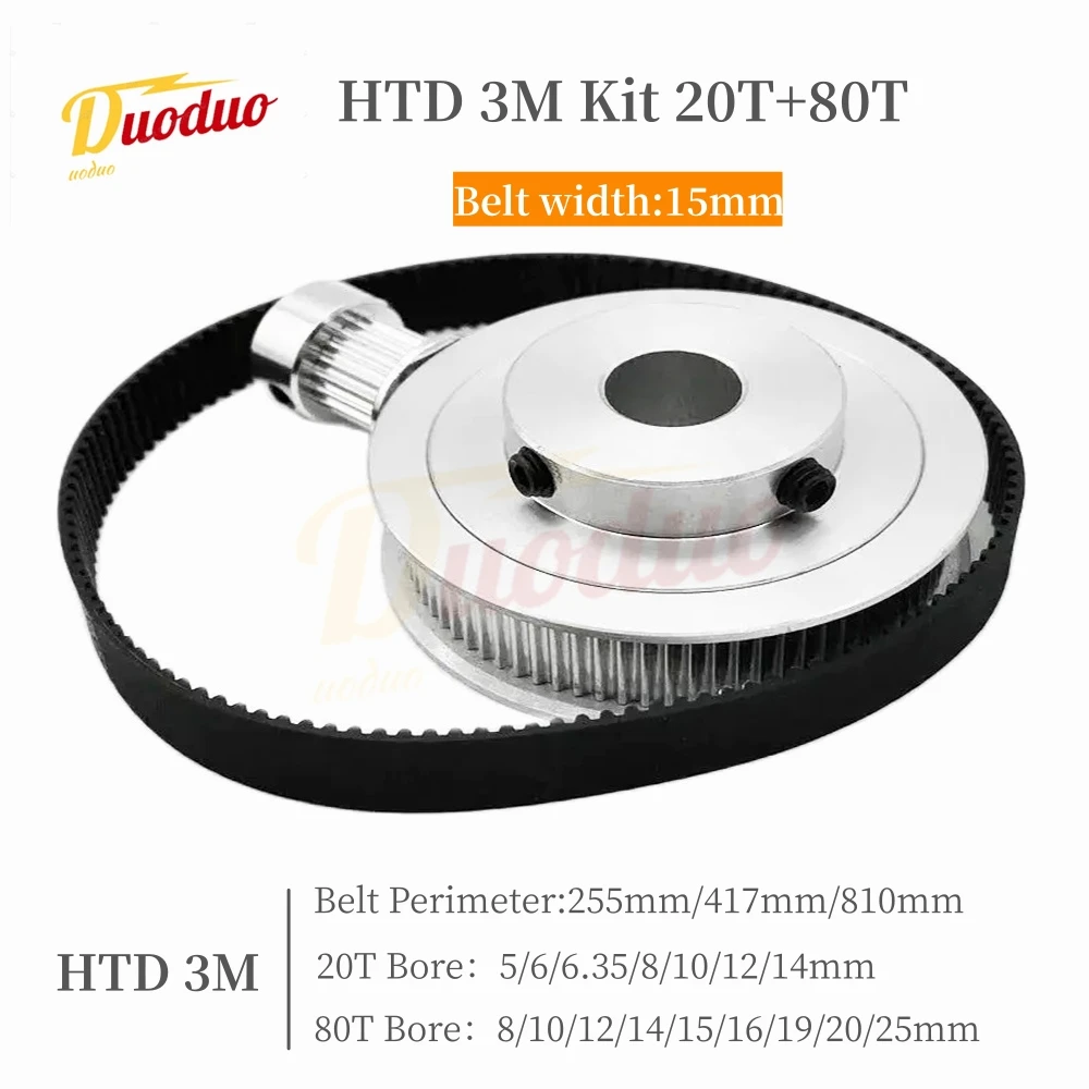 

80T 20T HTD 3M Pulley Set For 4:1 Belt Width 15mm Belt Pulleys 3M Synchronous Wheels Kit HTD3M Timing Pulley Set 20Teeth 80Teeth