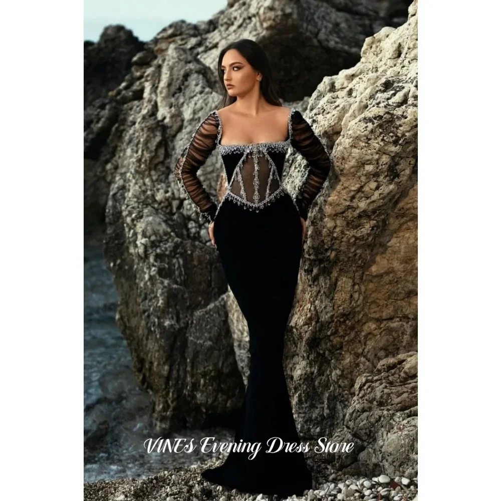 

VINES Black Neck Prom Dress Sheer Mesh Rhinestone Fringe Long Sleeve Evening Dress Mermaid Floor Length Party Gown Customized