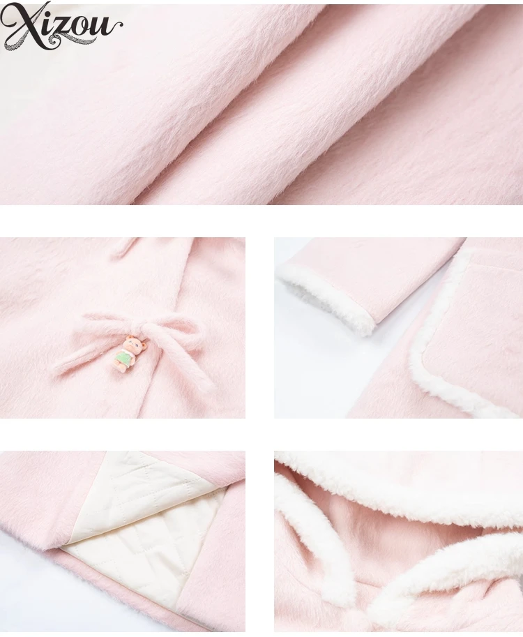 الحلو كلية الوردي Bowknot مقنعين الصوف مبطن معطف المرأة الخريف الشتاء منتصف طول فضفاض عادية سميكة الدافئة ملابس خارجية الدانتيل متابعة