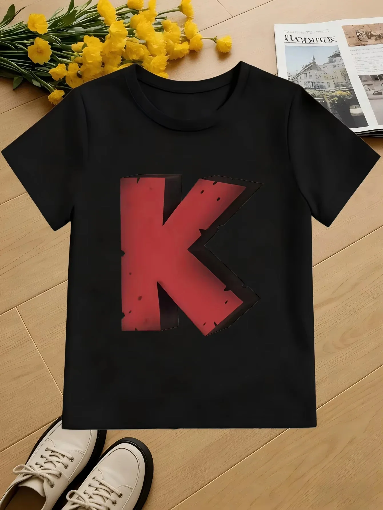 Little Kids Crew Neck T Shirt Vintage Damaged 3D Alphabet K Design Short Sleeve Comfortable Summer Casual Tee