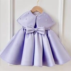 Princess Satin Bow Pearls Crystals Flower Girl Dress Children First Communion Dress Ball Gown Wedding Party Dress Birthday Show
