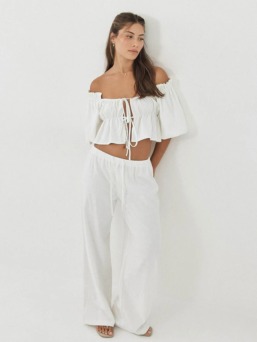 

Marthaqiqi Cotton Women Pajama Set Slash Neck Sleepwear Lace Up Nightwear Short Sleeve Nightie Pants Casual Femme Nightgown Suit