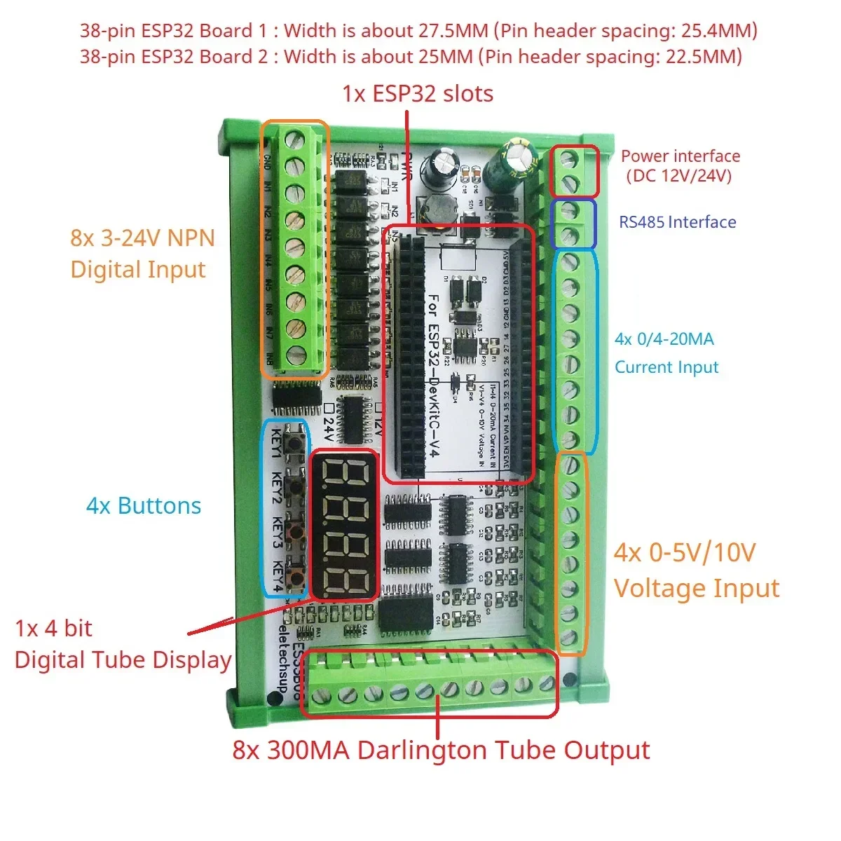 ESP32 Expansion Board 8AI-8DI-8DO Wifi Digital Analog IO Module DC 12V 24V for WEB MQTT Arduino Ethernet Network DIY