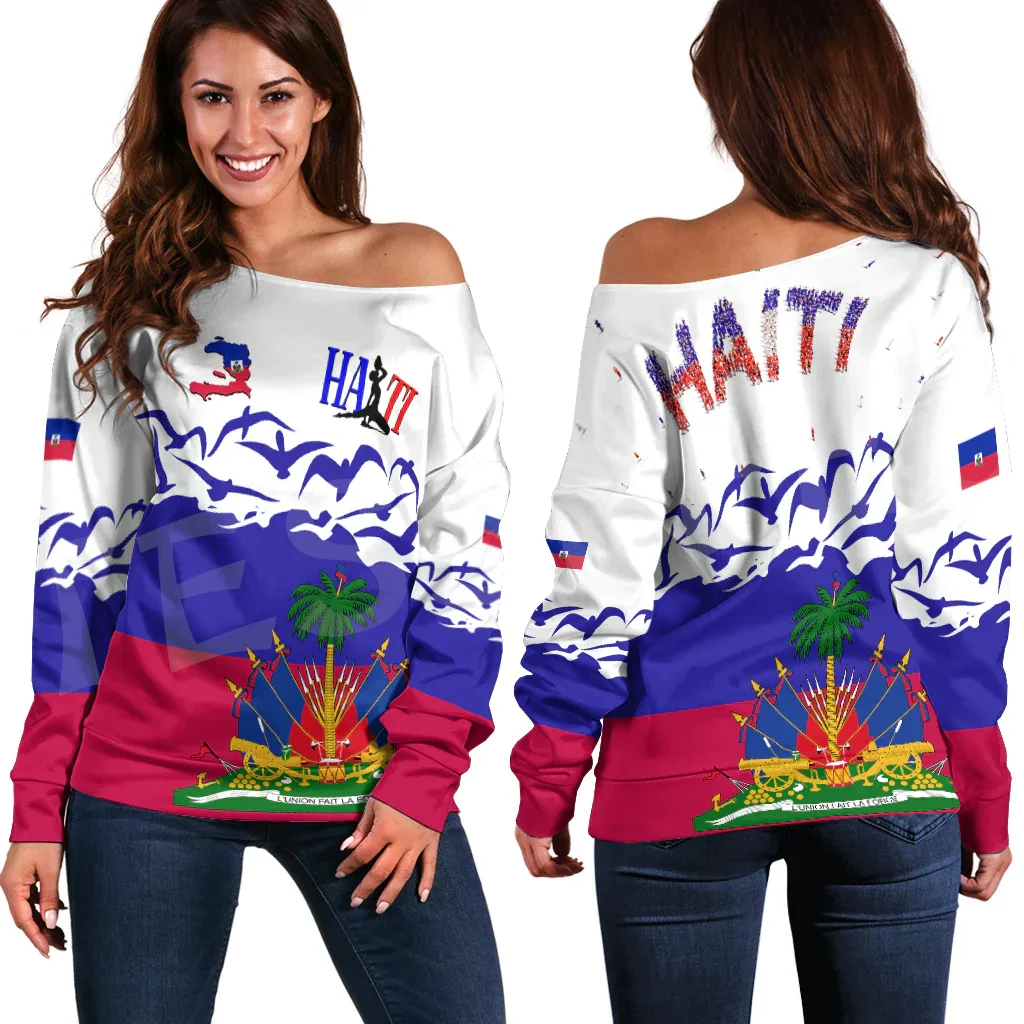 Custom Name Country Flag Caribbean Sea Haiti Retro Vintage Tattoo 3DPrint Women Casual Off Shoulder Sweatshirts Long Sleeves X4