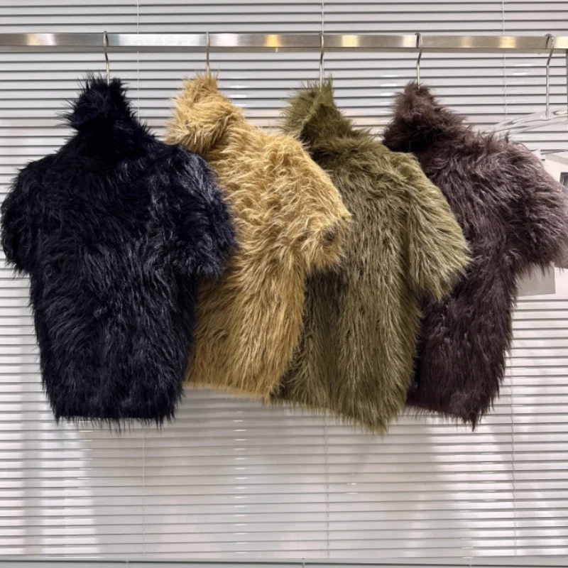 Women Furry Shaggy Short Sleeve Turtleneck Sweater Winter Fluffy Faux Fur Knit Top Streetwear Slim Cropped Pullover Shirt