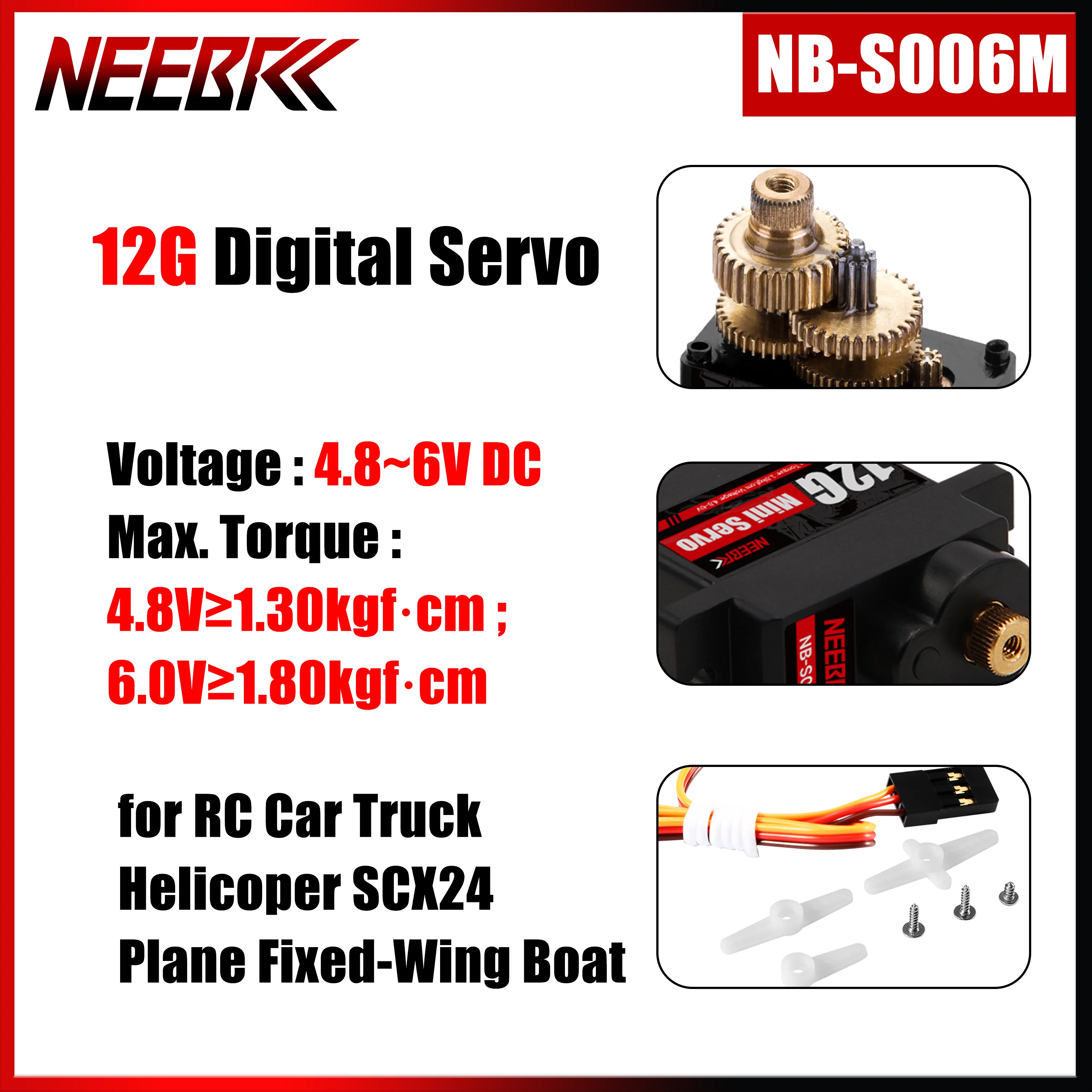 

NEEBRC Metal Gear 12G Micro Digital Servo Standard 4.8-6V Motor for RC Car Truck Helicoper SCX24 Plane Fixed-Wing Boat Toy Part