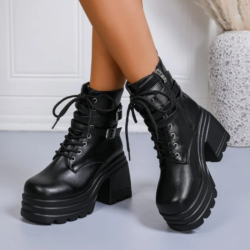 

Belt Buckle Wedge Booties Fashion Round Toe Platform Non-Slip Lace-Up Side Zipper Heeled Leather Shoes