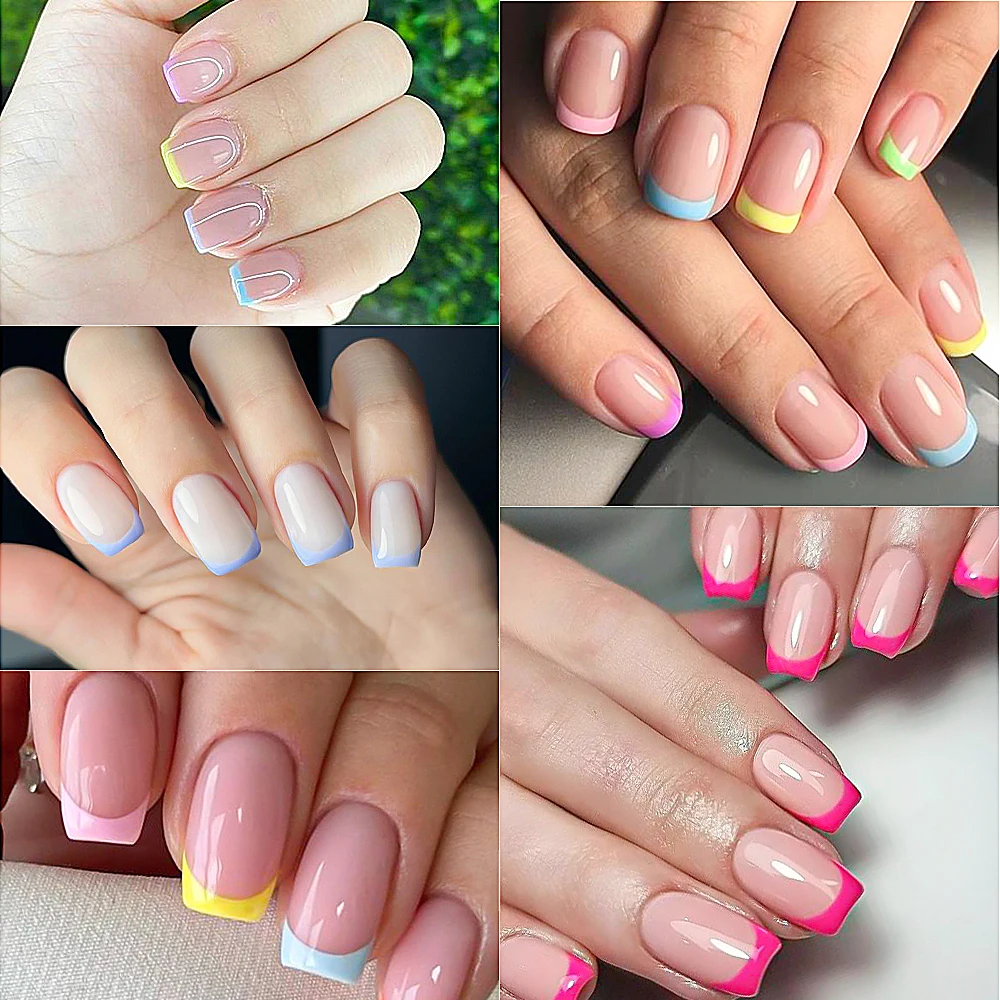 240/120/96pcs Candy French Press On Nails Tips Short Square Shaped Glossy Rainbow Lines Design Fake Nail For Fashion Party Woman_voghion.com