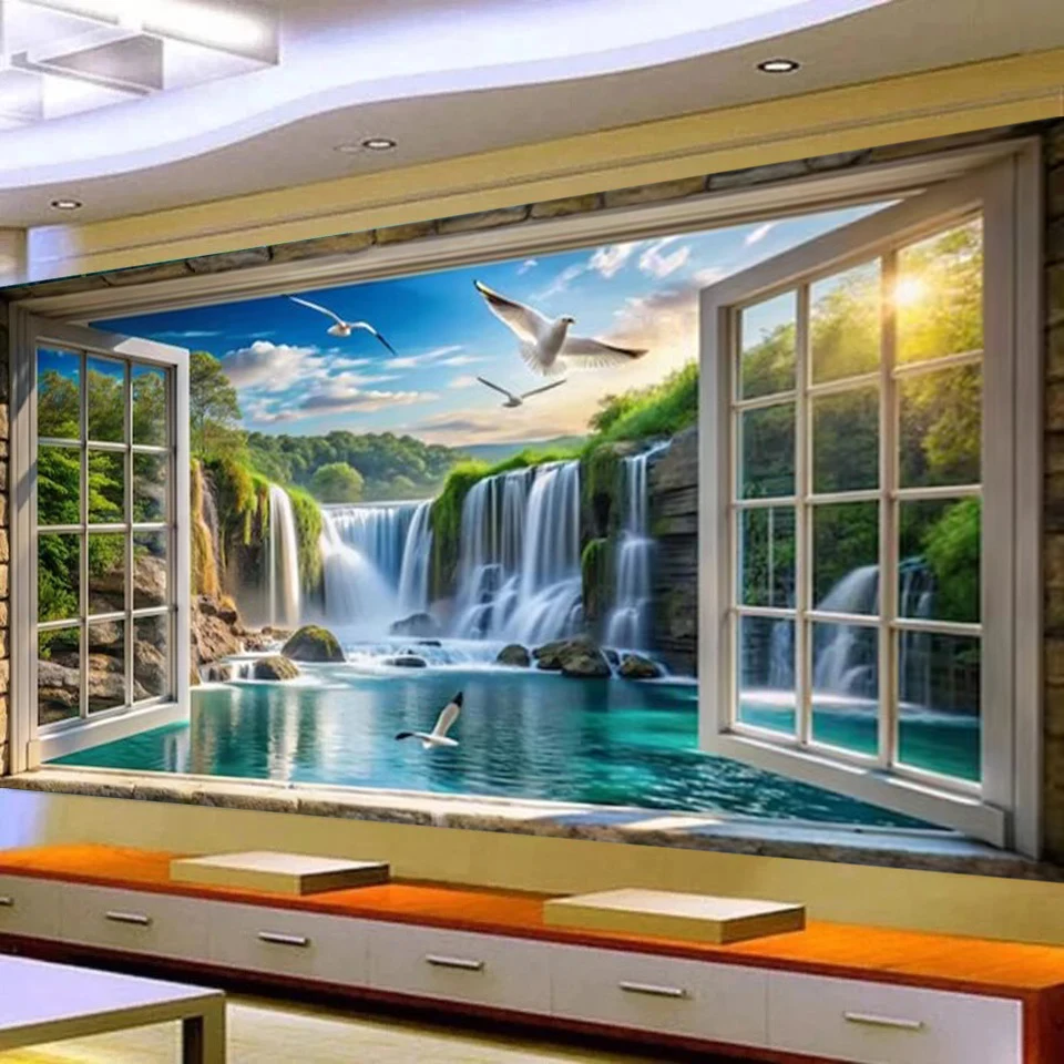 

Window Sea Natural Landscape,Diamond Painting Large Full Square Round Waterfall Flowers Birds Diamond Mosaic Jewelry Cross Stich