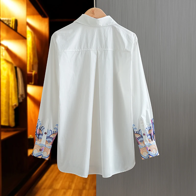 Satin Chinese Style Women\'s Shirts Spring Summer New Silk Embroidery Blouses Long Sleeves Women Top Loose Clothing