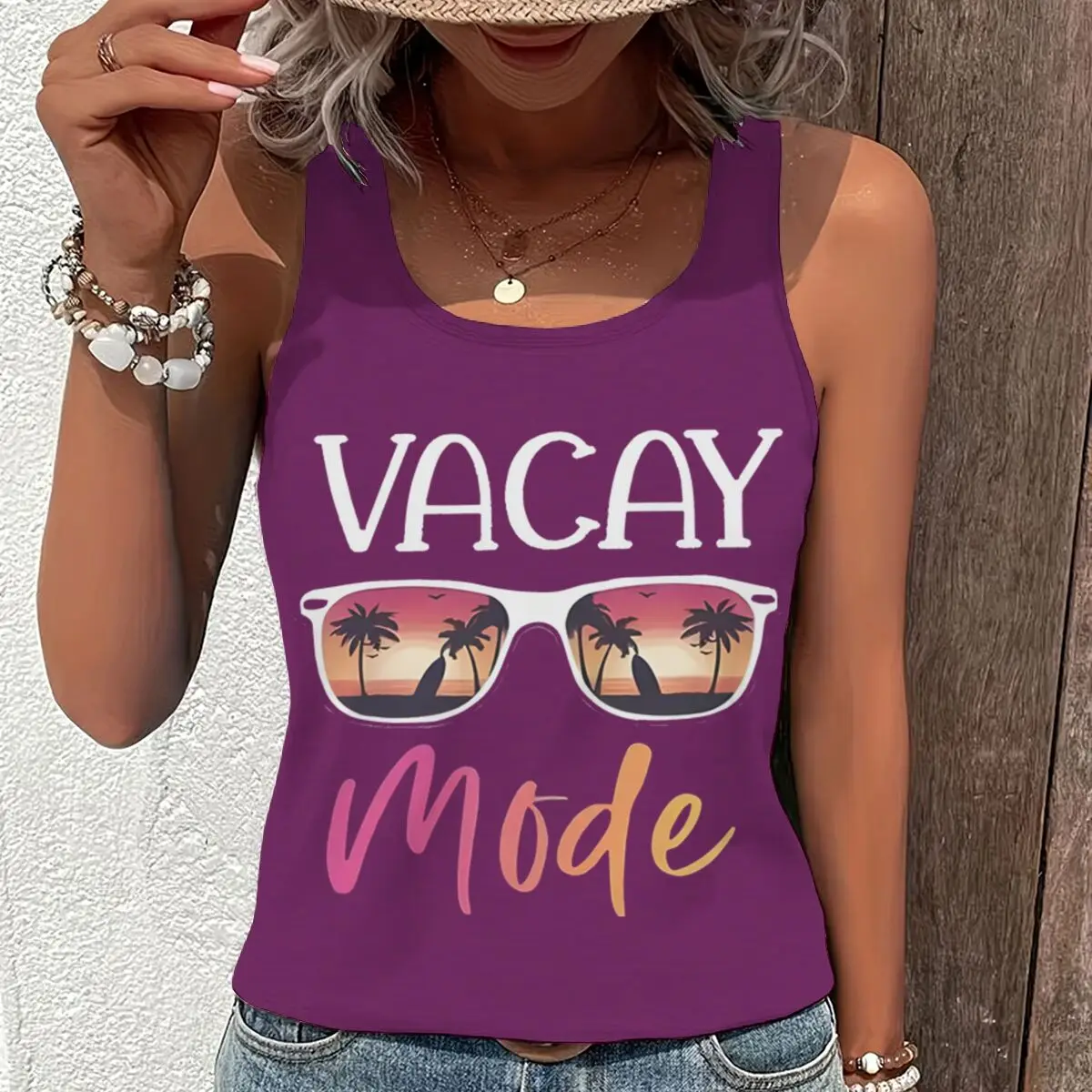 Women Vintage Vacay Mode Sunglasses Graphic Racerback Tank Top Summer Vacation Tropical Sunset Sleeveless Basic-Fit Vest