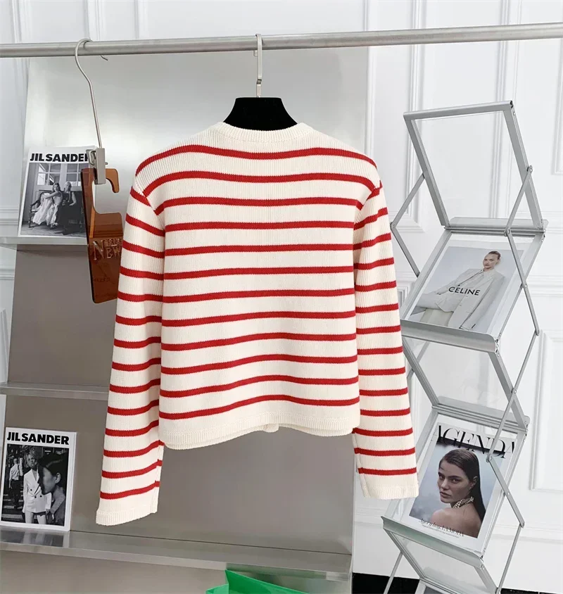 White Red Striped Knitted Sweater Womens 2024 Short Cardigan Long Sleeve Top Korean Fashion 2 Colors Oversized  PH291