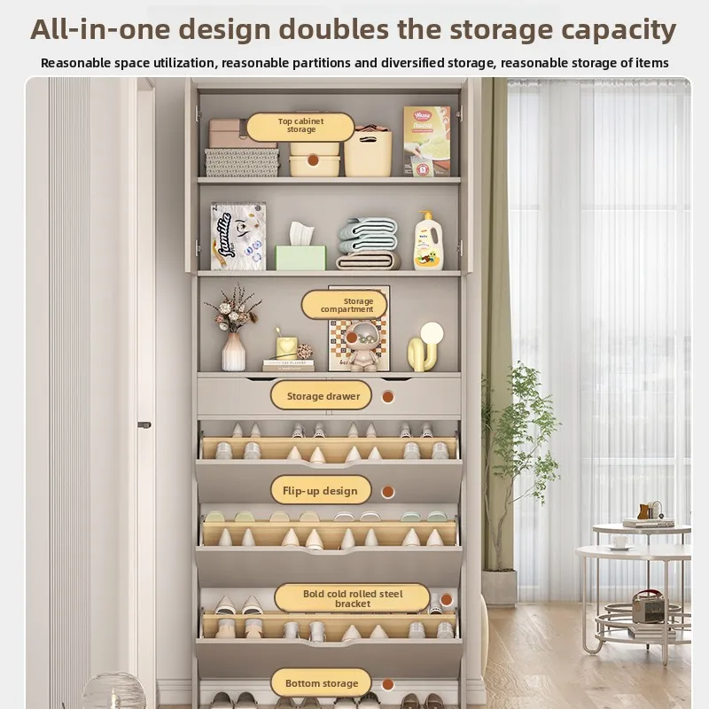 Ultra-thin tipping bucket shoe cabinet, entrance cabinet at home door, one door to the top against the wall cabinet