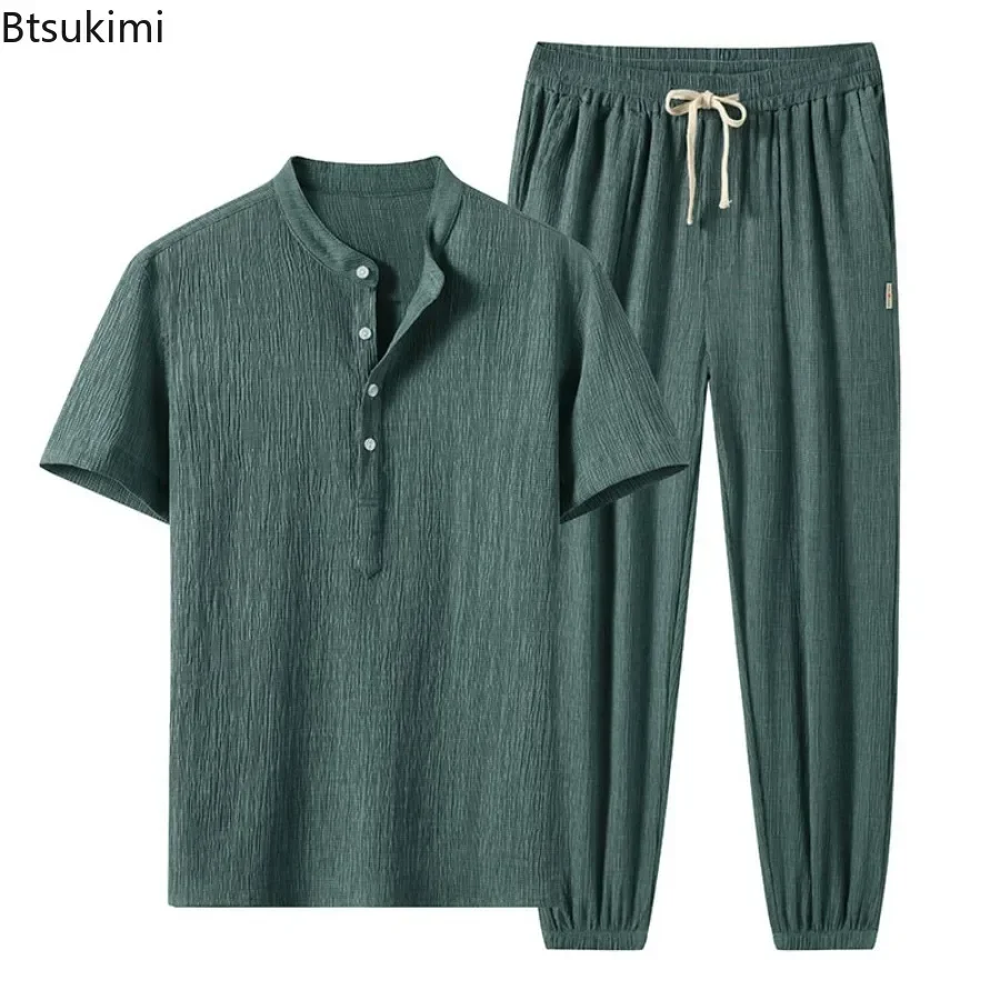 2025 Men's Casual Pant Sets Spring Summer Ice Silk Breathable Short Sleeve T-shirts and Pants Two Pieces Sportswear Outfits Male