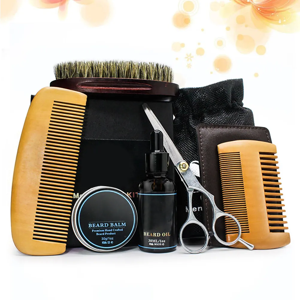 6Pcs Beard Grooming Kit for Men Natural Balm Oil Beard Brush Comb Scissors Moisturizing Softening Shaping Controlling Coarse