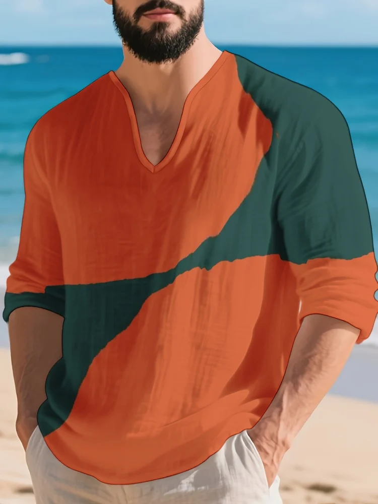 Men Color Block V Neck Long Sleeve Shirts Summer Loose Fit Lightweight Casual Tops Beach Vacation Blouse Daily Holiday Travel