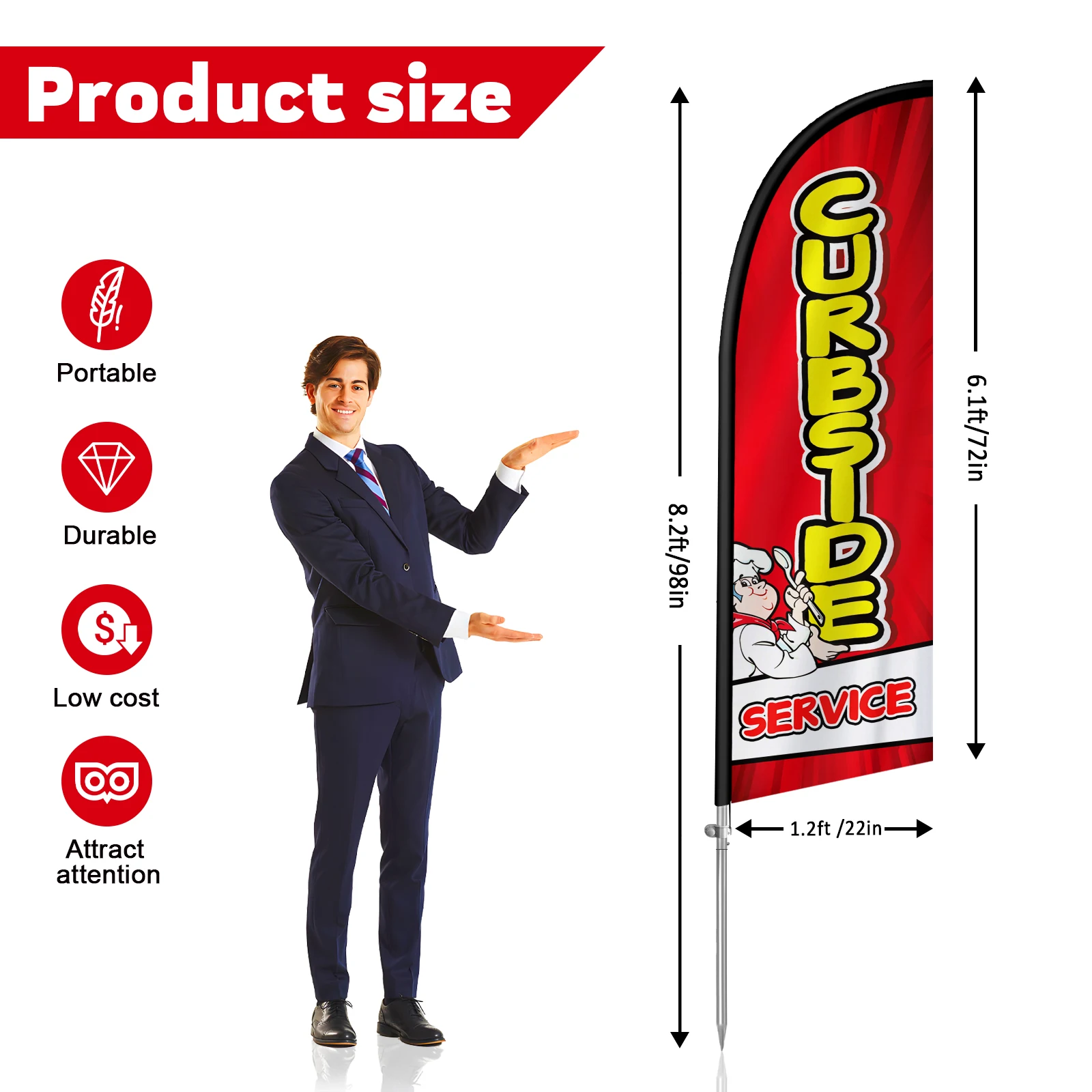 FSFLAG-The Curbside Feather Flag with Aluminum Flagpole, Advertising Outdoor Banner Decoration for Business, 280cm,1Pc