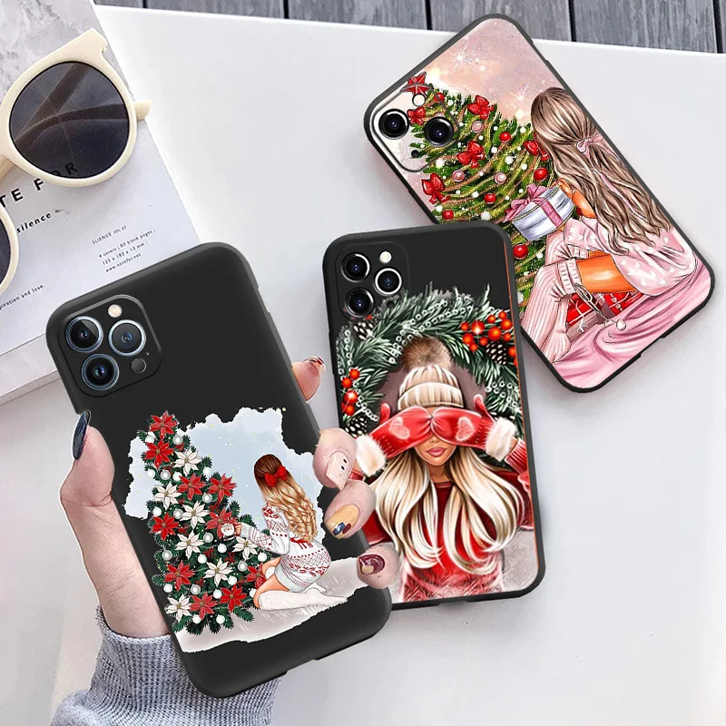 Capa de telefone de Natal Árvore Beleza Soft Black Silicone Cover, iPhone 16Pro Max, 14, 13, 15 Pro Max, 12, 11, XR, SE, 7, 8, 16 Plus