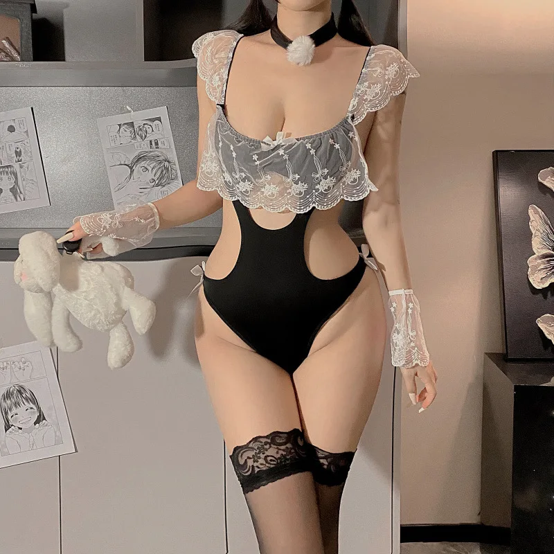 

Erotic Lingerie Pajamas Sexy Maid Pure Desire Cute Jumpsuit Lace Maid Outfit Open Gear Passion Uniform Set