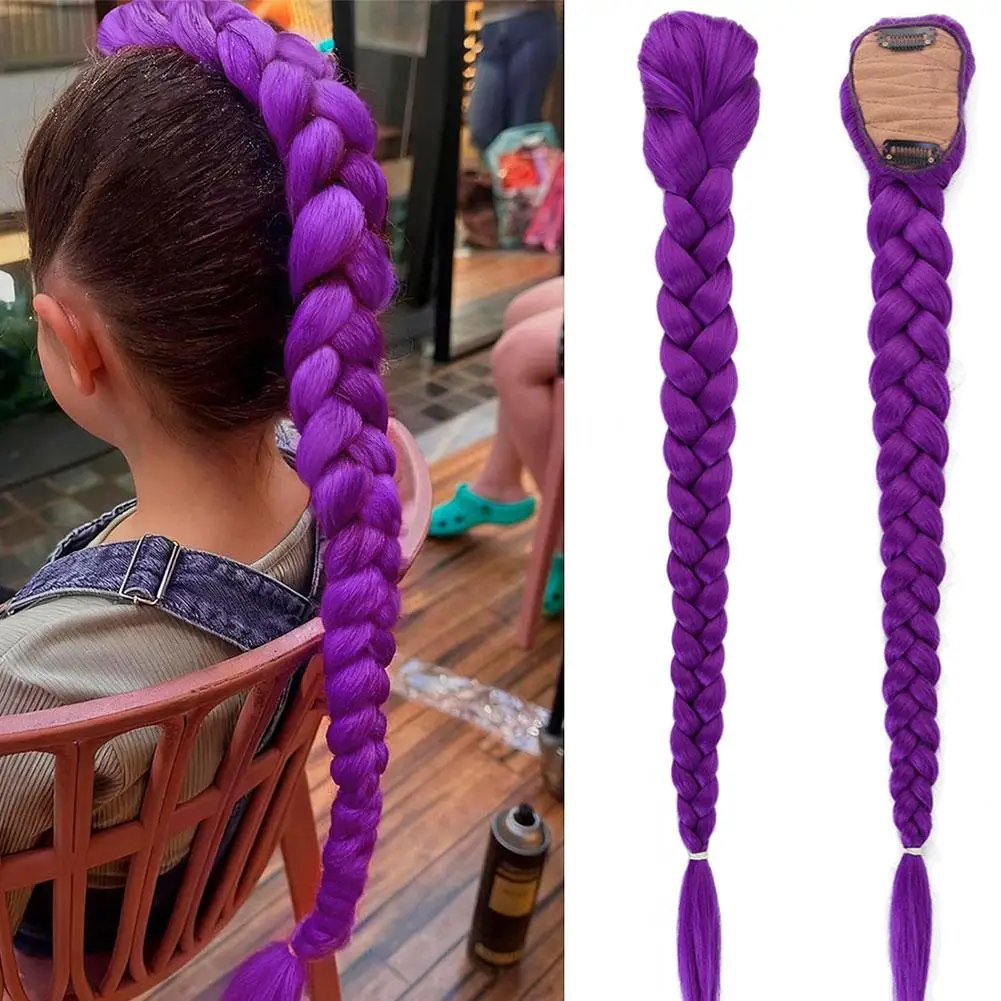 66cm Purple Braided Hair Ponytail Extensions for Kids Cosplay Long Purple Braids Rumi Hairstyle for Kids Christmas Party Use image 3