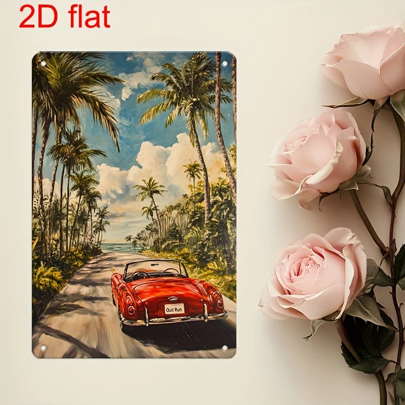 - Vintage Car,Palm Tree Metal Sign -  Retro Wall Decor, Durable Tinplate with Pre-Drilled Holes for Easy Hanging, Perfect for H