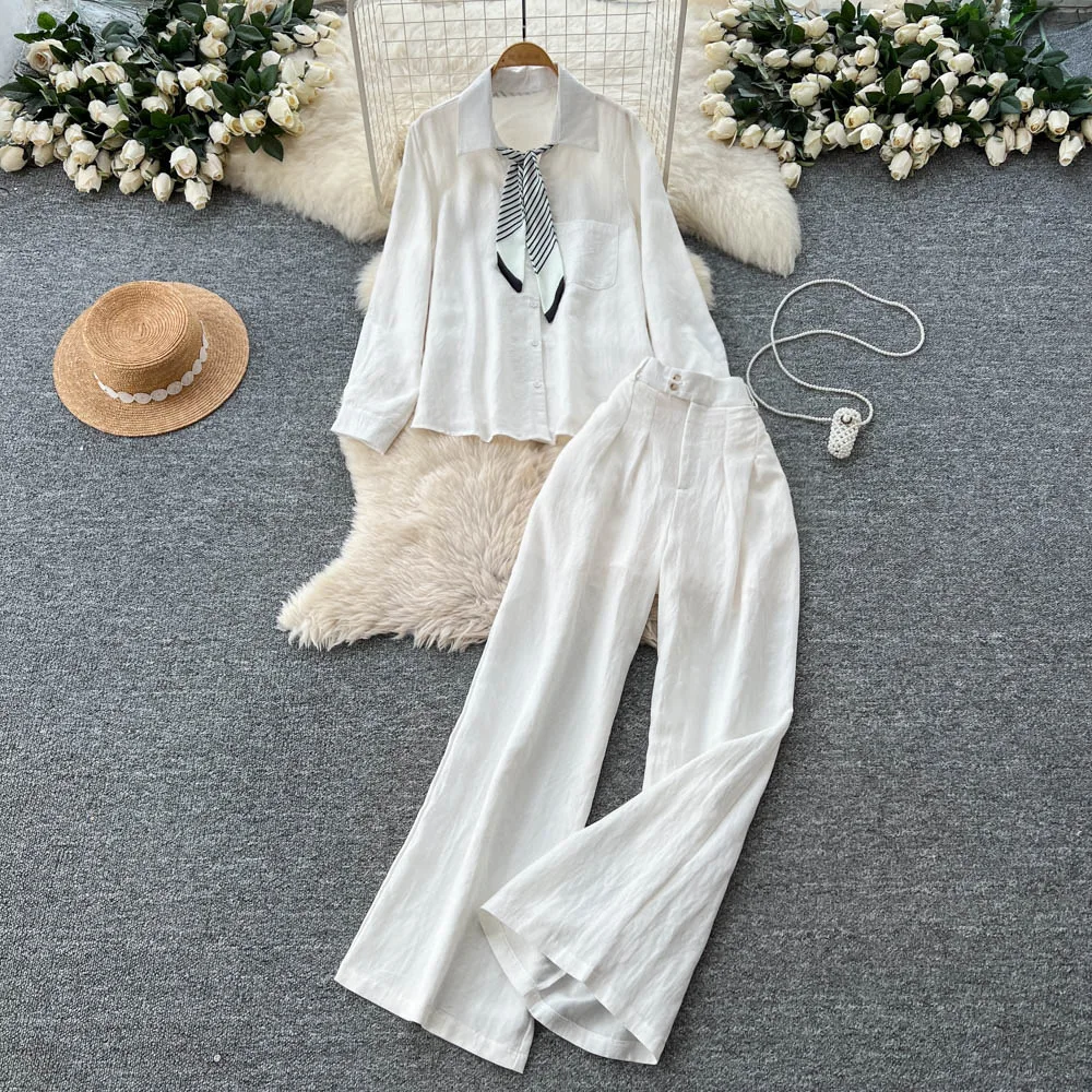 

Women Pant Set Two Piece Sets Turn Down Collar Full Sleeve Shirt Tops Wide Leg Long Pants High Waist Casual Solid Y2k Streetwear