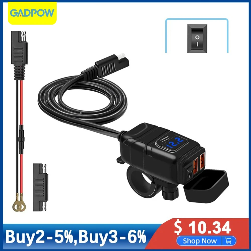 

Gadpow Motorcycle USB Charger QC3.0 Waterproof Cell Quick Charger Autocycle USB Socket With Voltmeter Motorcycle Accessories