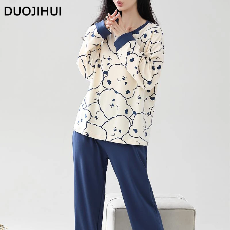 DUOJIHUI Loose Simple Soft Casual Female Pajamas Set Autumn Chic Print Pullover Basic Pant Fashion Spell Color Pajamas for Women