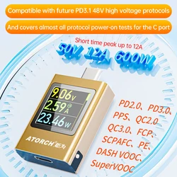 AT085 DC 4.5-50V 0-12A 600W PD3.1 Digital Display Voltage Ammeter Power Bank Meter Type-c Cell Phone Charger TFT G-Sensor Tester