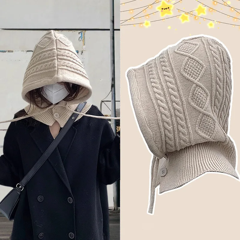 Balaclava Hat Women's Winter Warm Braided Hat Scarf Integrated Ear Protection Cold Wool Knitted Hat