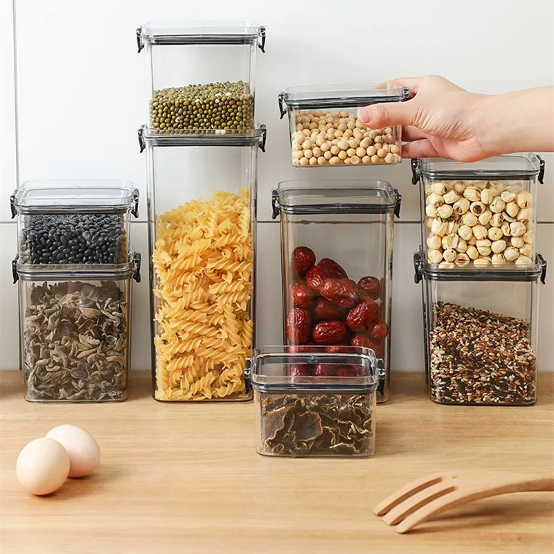 1Pcs Food Storage Box Plastic Clear Container Set With Pour Lids Kitchen Grids Dry Goods Storage Bottles Jars Dried Grains Tank