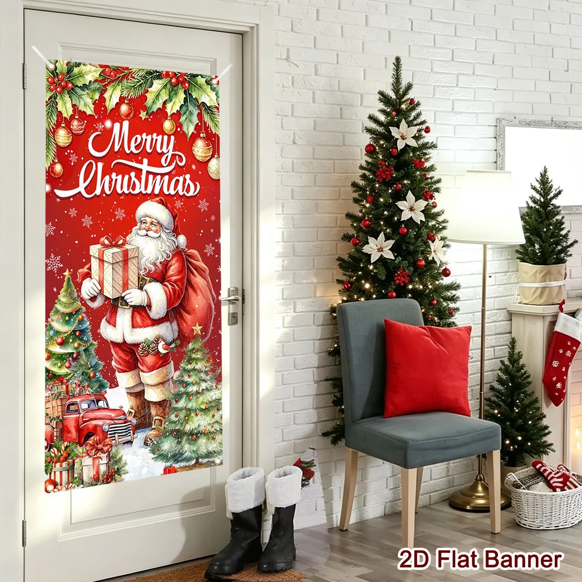 Weihnachtsthemen-Türbanner 60*120cm mit Weihnachtsmann-Aufdruck aus Polyester für Innen/Außen Weihnachtsdekoration Neujahrsgeschenk – Detail 3